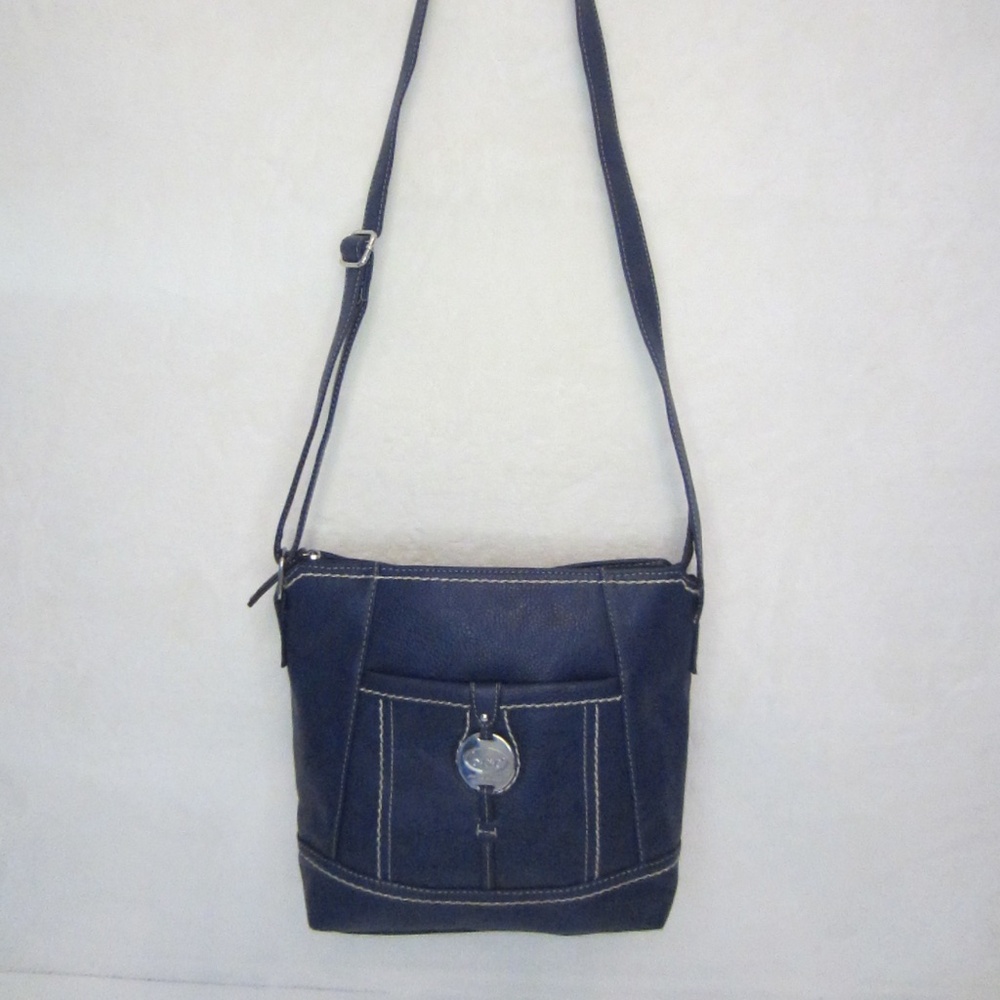 BOC Vinyl Blue Faux Leather Crossbody Adjustable Strap Medium Zip Close